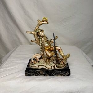 Rustic Hunter Figurine with Dog and Birds on Genuine Carrara Marble